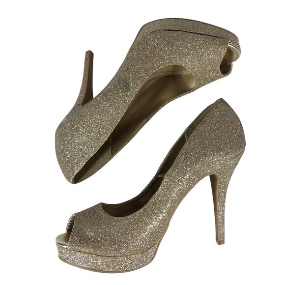 FIONI NIGHT! SHIMMERY GOLD STARDUST PEEP TOE STILETTO, PLATFORM HEELS! SZ 7.5M - Picture 6 of 10